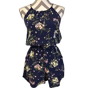 Old Navy Floral Romper Womens Small S Navy Blue Pink White Halter Neck Summer